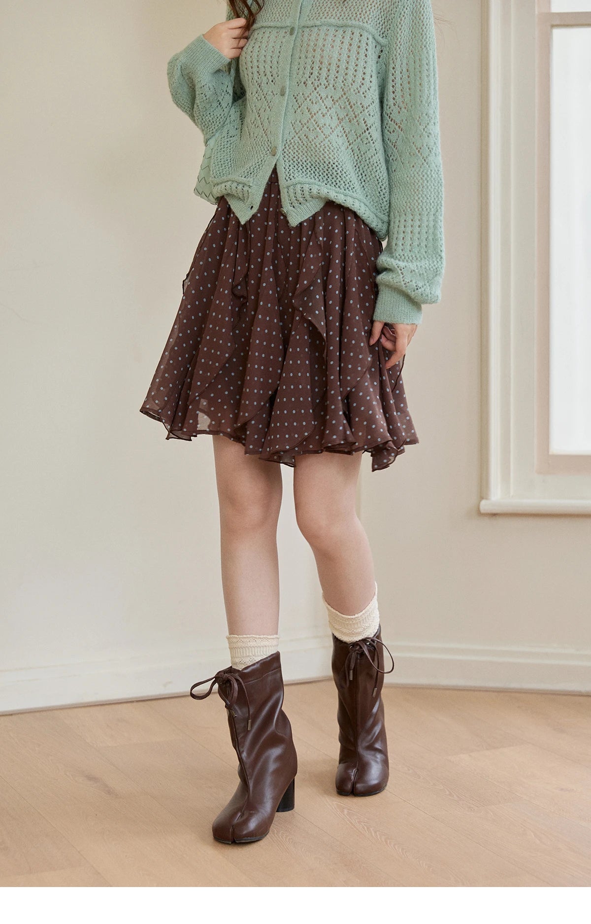 MISHOW Women's Brown Polka Dot Skirt Spring Irregular Ruffled Chiffon Elastic Waist Skirts Casual A-line Mini Skirt MXF13B2476