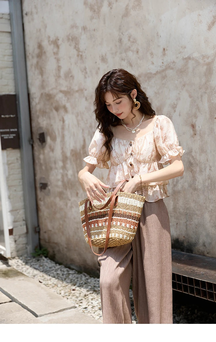 MISHOW French Floral Print Square Neck Shirt for Women 2025 Summer Bubble Sleeve Patchwork Double-layer Ruffle Tops MXD30X1565