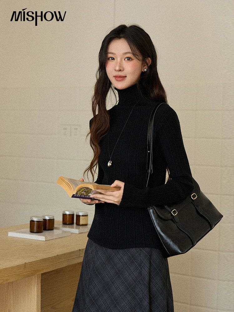 MISHOW Women's Long-sleeved Tops 2025 Winter Simple Solid Turtleneck Sweater Vertical Ribbed Slim Fit Casual Top MXE86Z2656