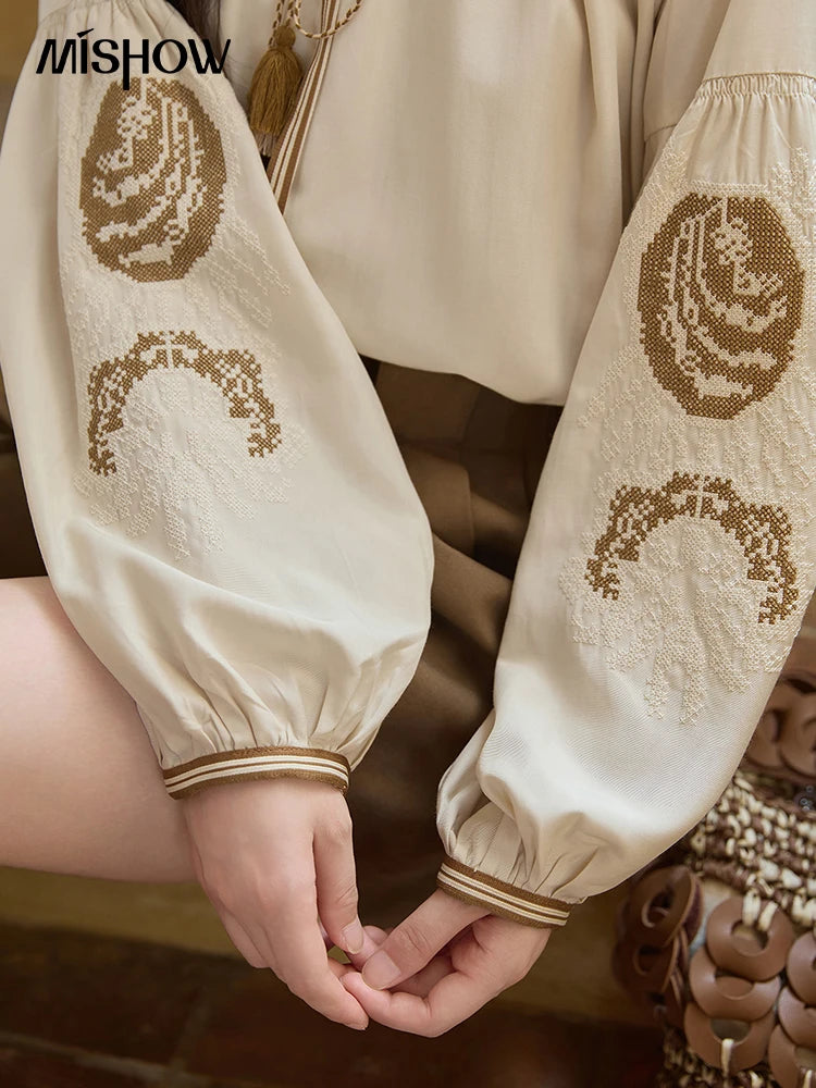 MISHOW Autumn Apricot Embroidered Blouses 2025 Contrasting Tassels Lace Up Blouses Lantern Sleeves Loose Vintage Top MXE41X1940