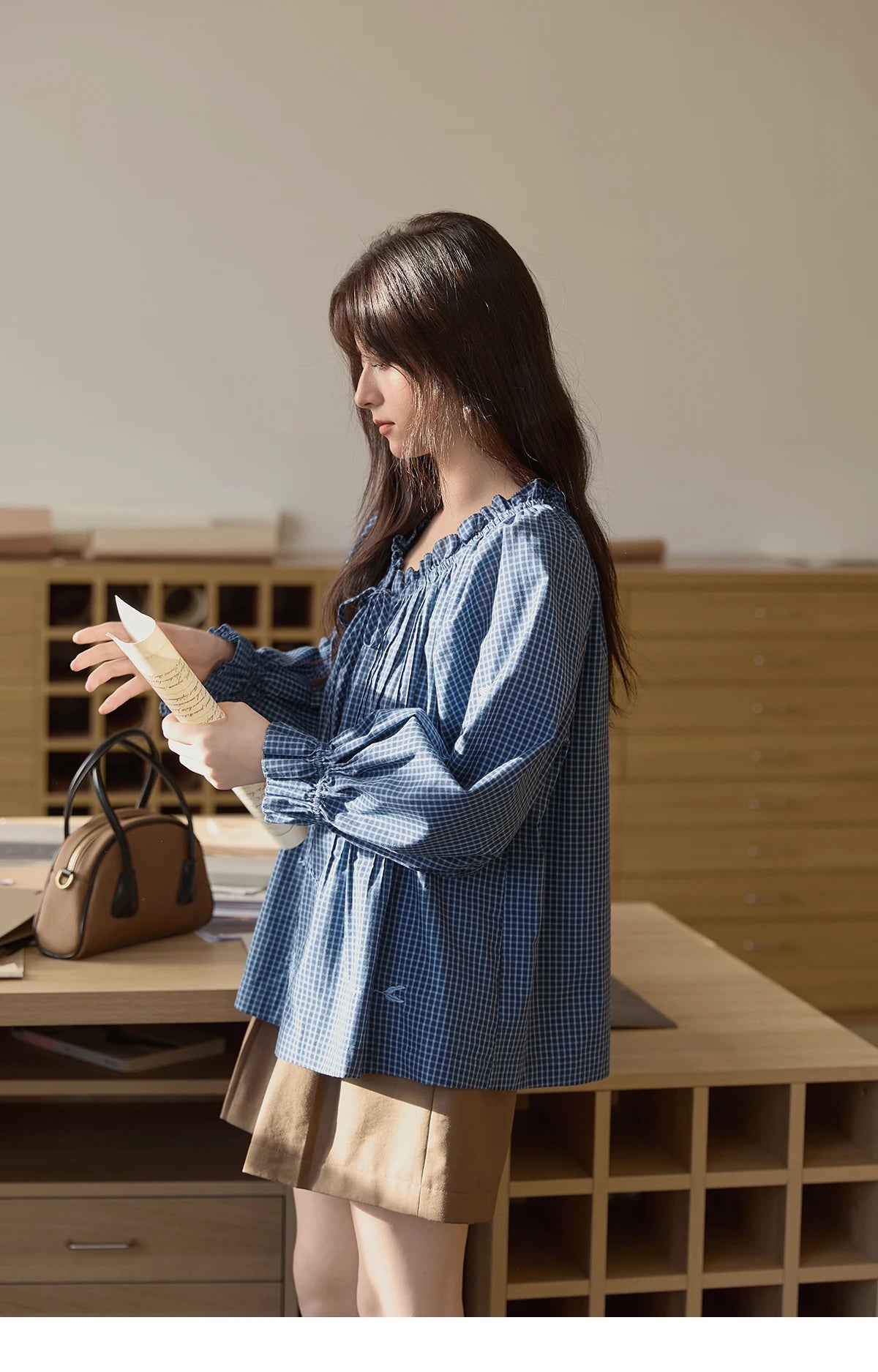 MISHOW Blue Plaid Embroidered Shirt Autumn 2025 Black Fungus Edge Collar Lace-up Doll Shirt 100cotton Loose Retro Top MXE44X2467