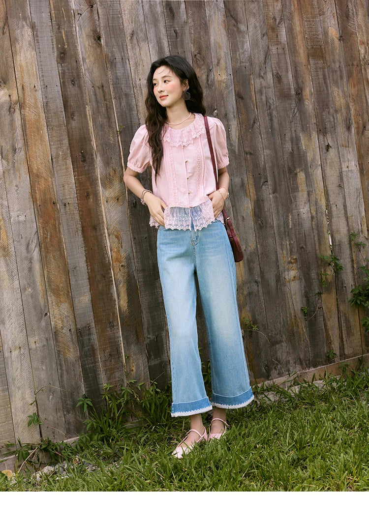 MISHOW Women's Pink Spliced Lace Round Neck Blouses 2025 Summer Lace Hem Sweet Blouse Single Row Metal Buttons Top MXE32X1768