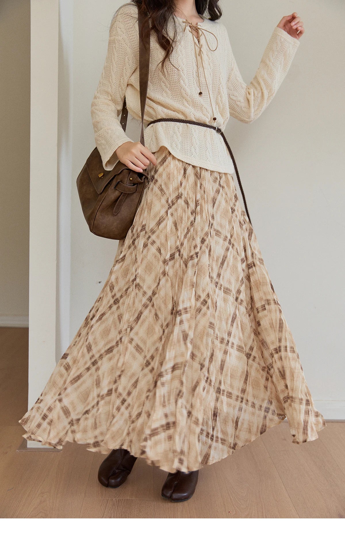 MISHOW Women's Beige Plaid Maxi Skirt 2026 Spring High Waist Flowy A-Line Skirts Elastic Waist Casual Chiffon Skirt MXF108B0769