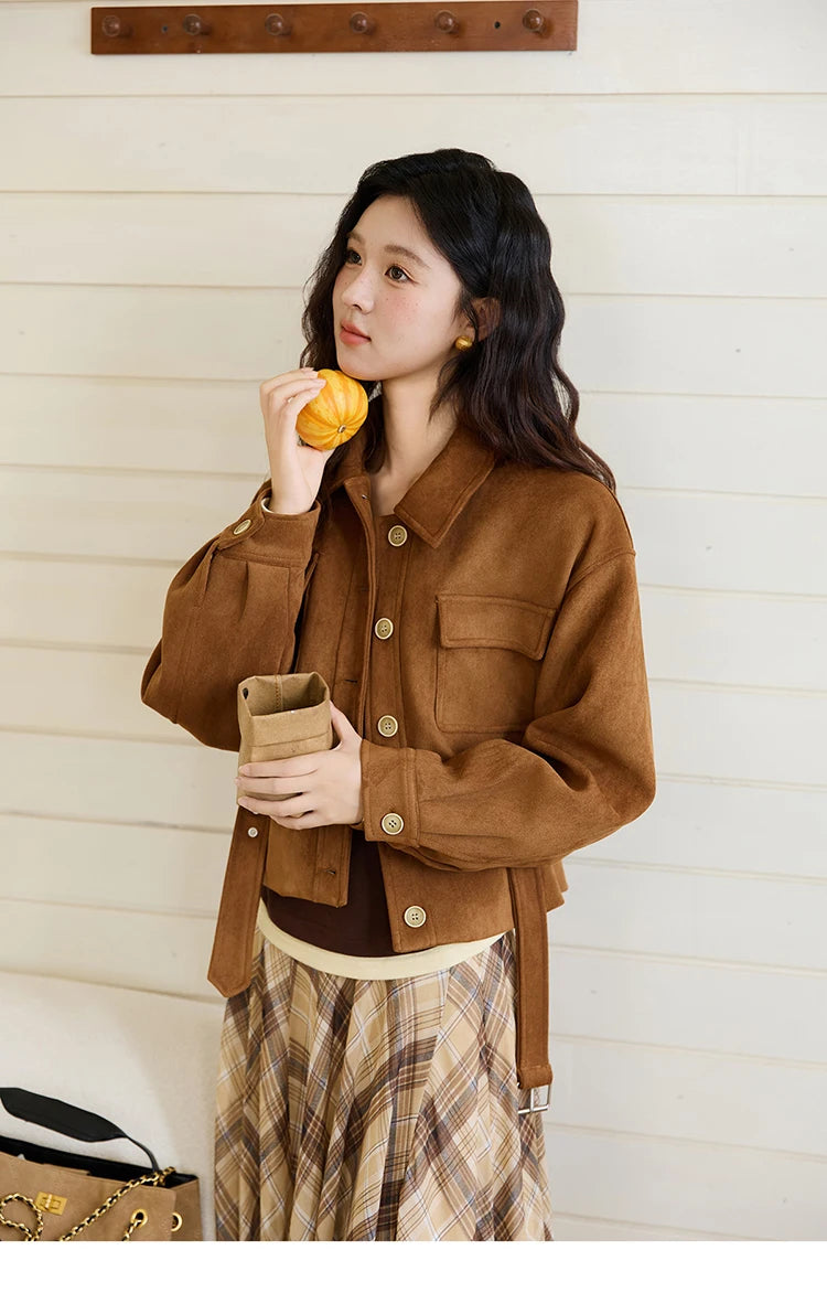 MISHOW Short Jacket for Women 2025 Autumn New Brown Lapel Metal Button Decorated Jacket Windproof Commuter Outerwear MXE46W0864