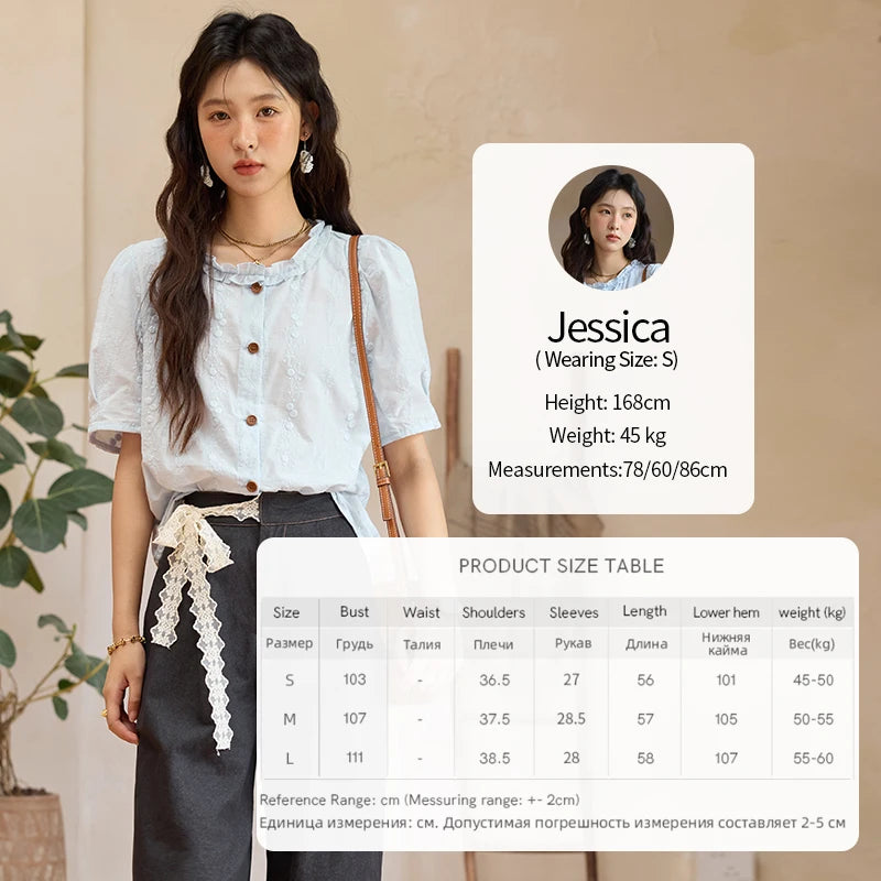 MISHOW 100% Cotton Women's Puff Sleeve Shirt 2025 Summer New Fashion Round Neck Button Top Casual Female Clothing MXE36X1873