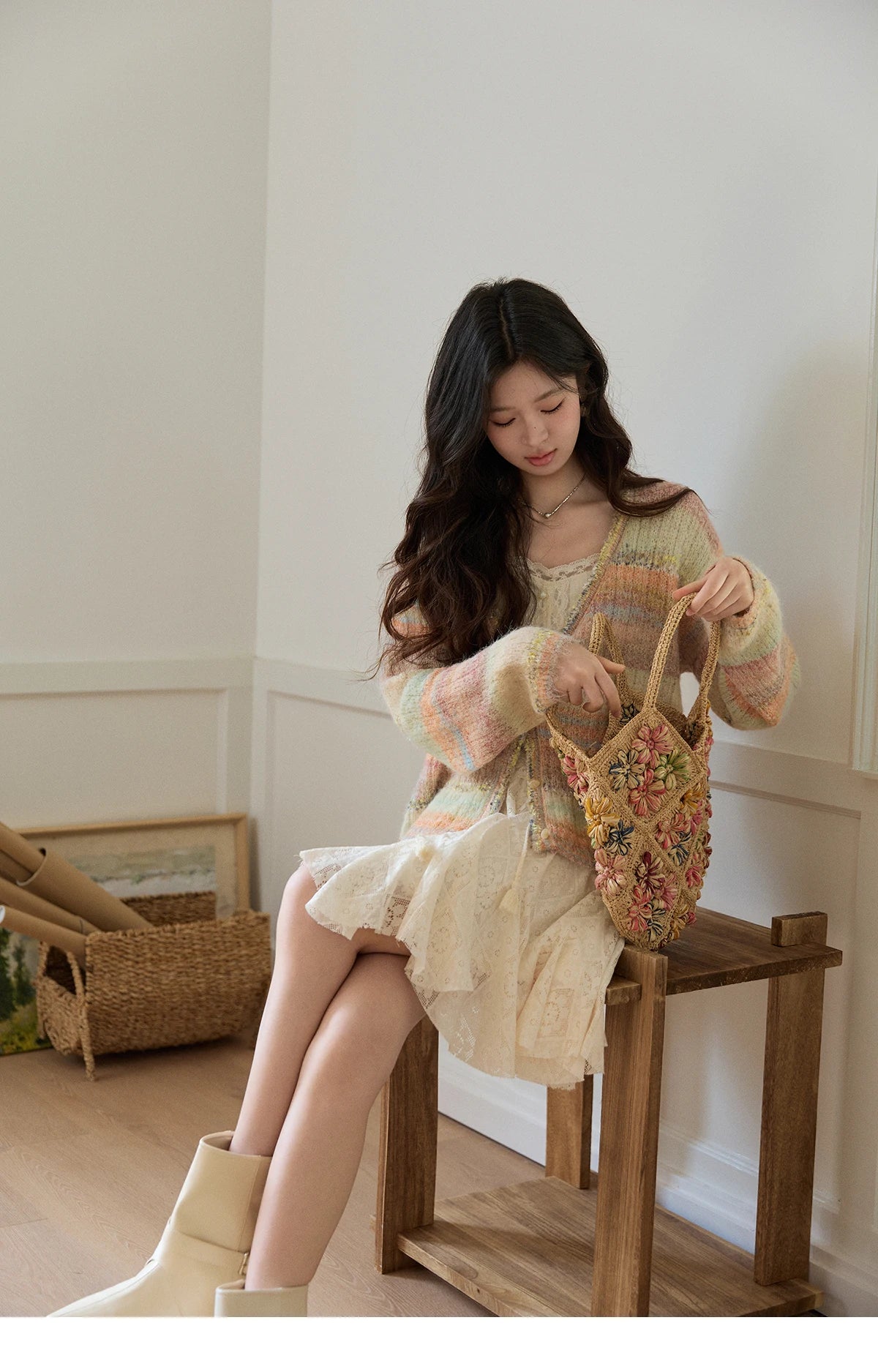 MISHOW Women's Gradient Striped Knit Cardigan 2026 Spring V Neck Single Breasted Casual Thin Soft Rainbow Sweater MXF13Z3019