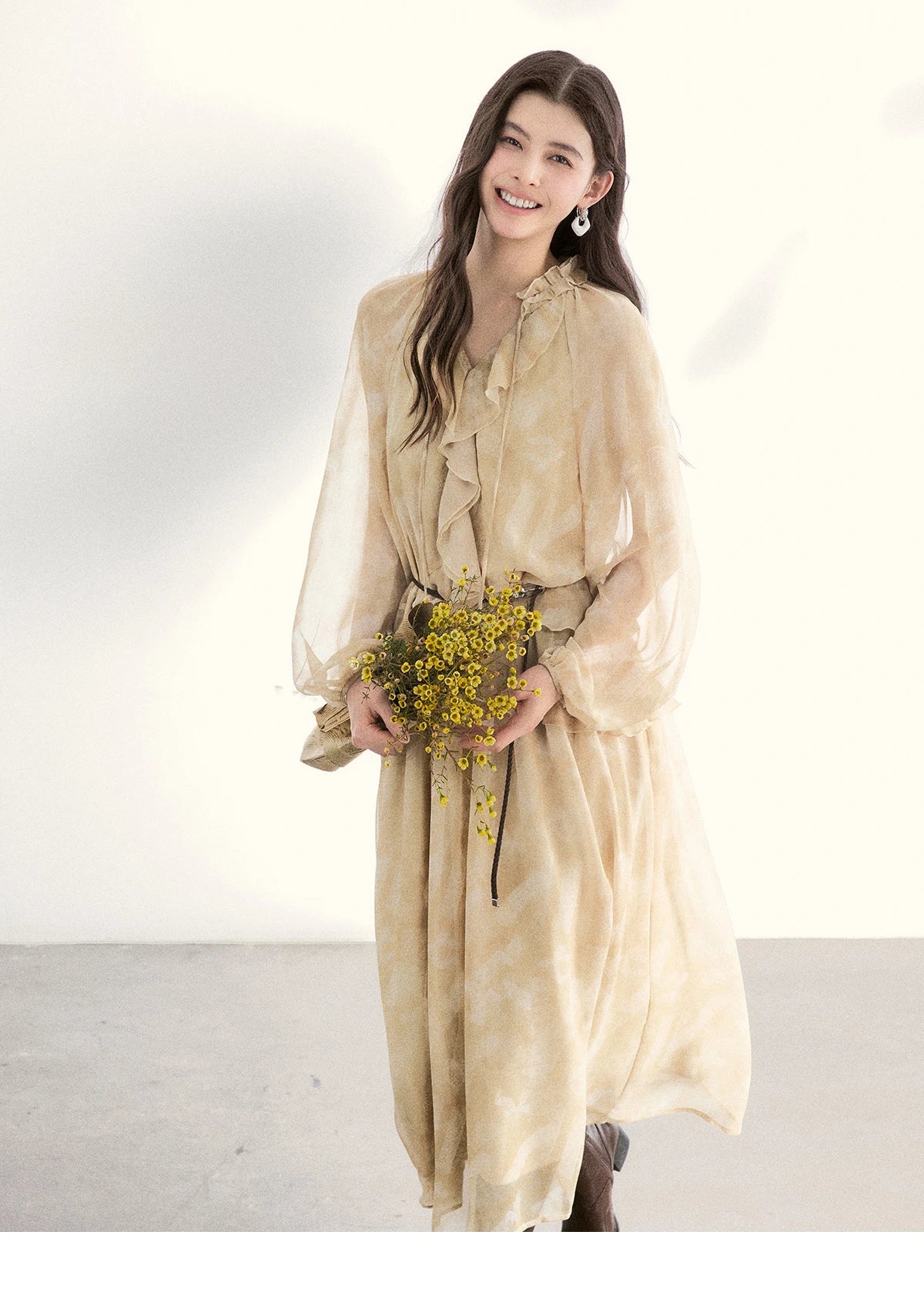 MISHOW Light Yellow Chiffon Maxi Dress 2026 Spring V-Neck Ruffled Belted Floral Print Casual Long Sleeve Dresses MXF11L2554