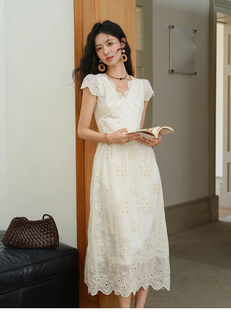 MISHOW Women's Flying Sleeve V-neck Hollow Dress 2025 Summer Embroidery A-line Dress Seaside Vacation Long Dresses MXE39L2404