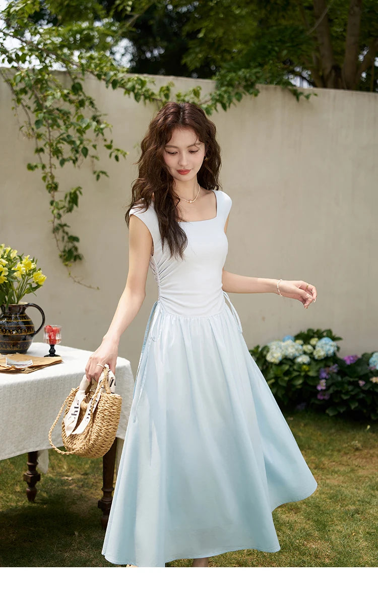 MISHOW Square Neck Patchwork Knitted Long Dress Summer 2024 Minimalist High Waist Side Drawstring Waist Slim Dresses MXD23L1818