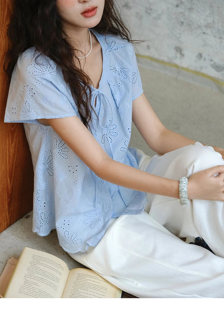 MISHOW Cotton Shirt O-Neck Button Lace Up Hollow Embroidery MXE37X1890