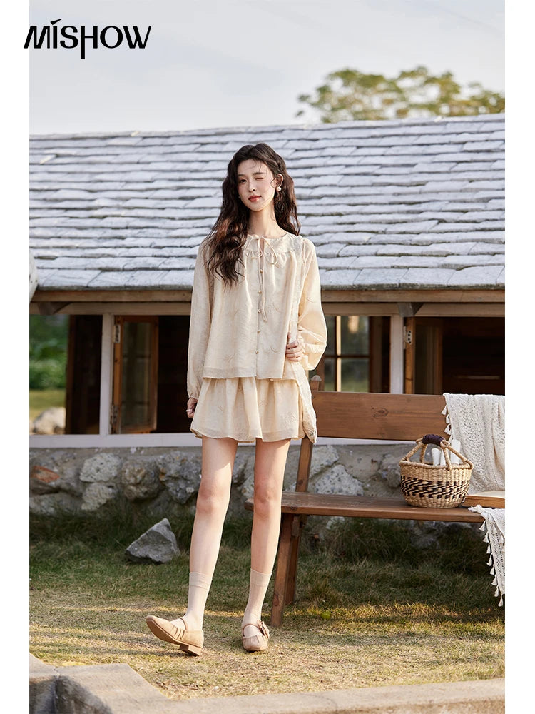 MISHOW Iris Embroidery Blouse Elastic Waist Skirt Set for Women Spring Summer 2025 Jacquard Commuting Slim Two Pieces MXE13T0454