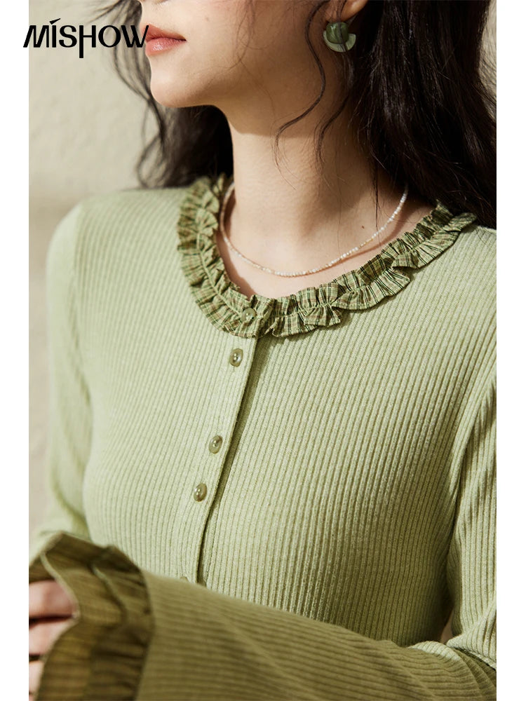 MISHOW Green Plaid Knitted Top 2025 Spring Lotus Leaf Sleeves Tees Slim Long Sleeve Curled Collar Single Breasted Top MXE14Z1152