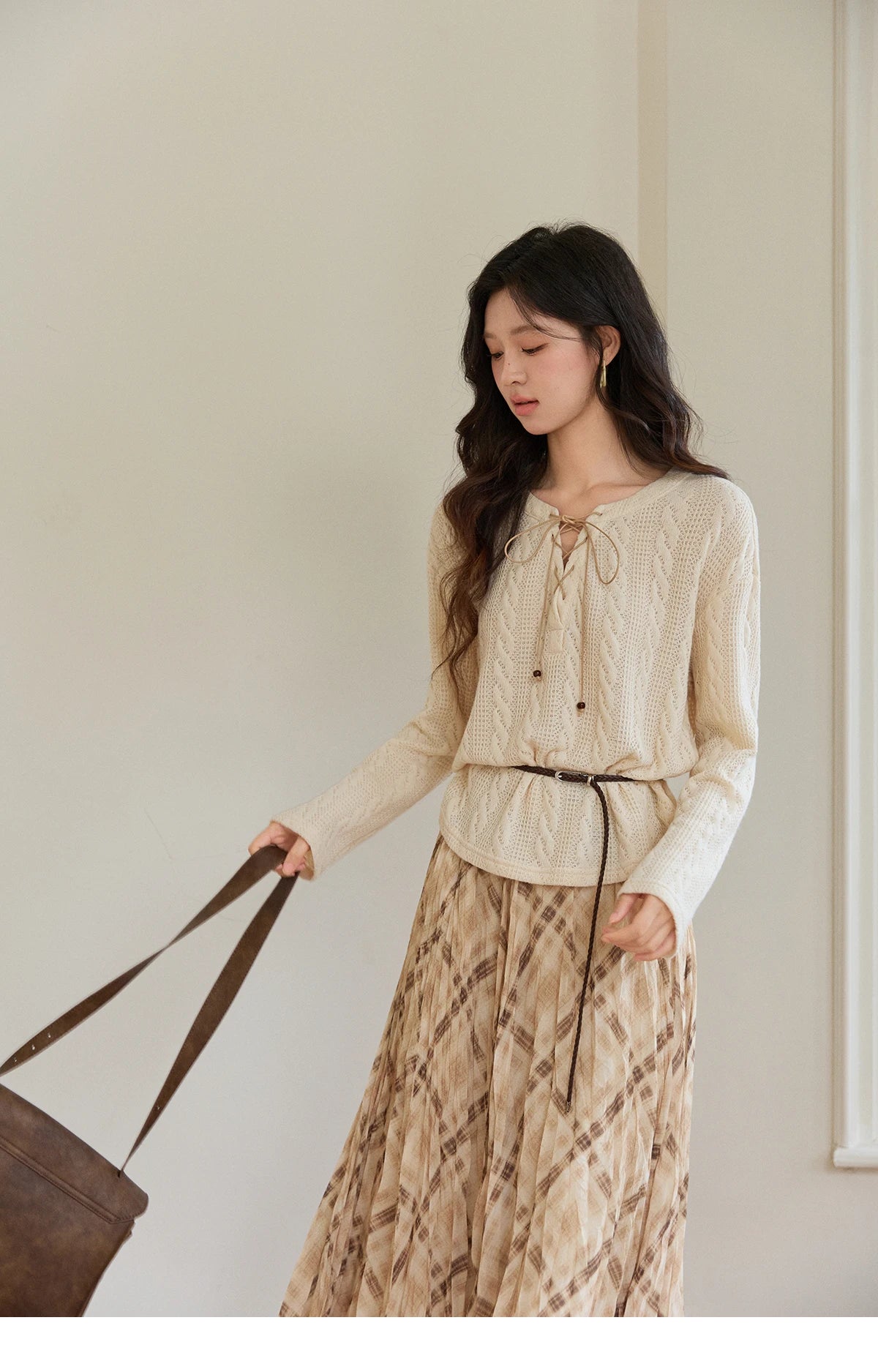 MISHOW Women's Beige Apricot Knitted Sweater 2026 Spring V-Neck Lace-Up Cable Knit Casual Loose Top Excluding Belt MXF108Z1029