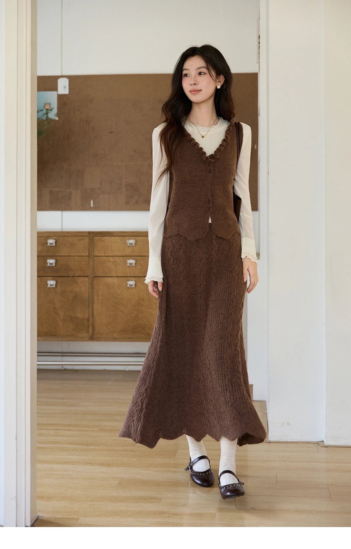 MISHOW Women's Brown Two-Piece Set 2026 Spring Knitted Vest V-Neck Cable Knit Maxi Skirt Casual Retro Warm Outfit MXF11T1460