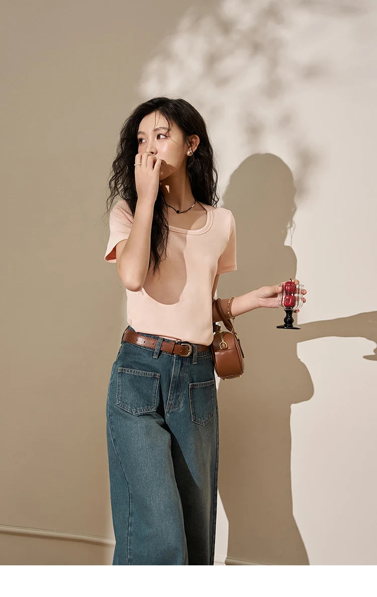 MISHOW Short Sleeve T-shirts Women Spring Solid Square-neck Top Elegant Woman Clothes Office Lady Cotton Tees MXC12T0641