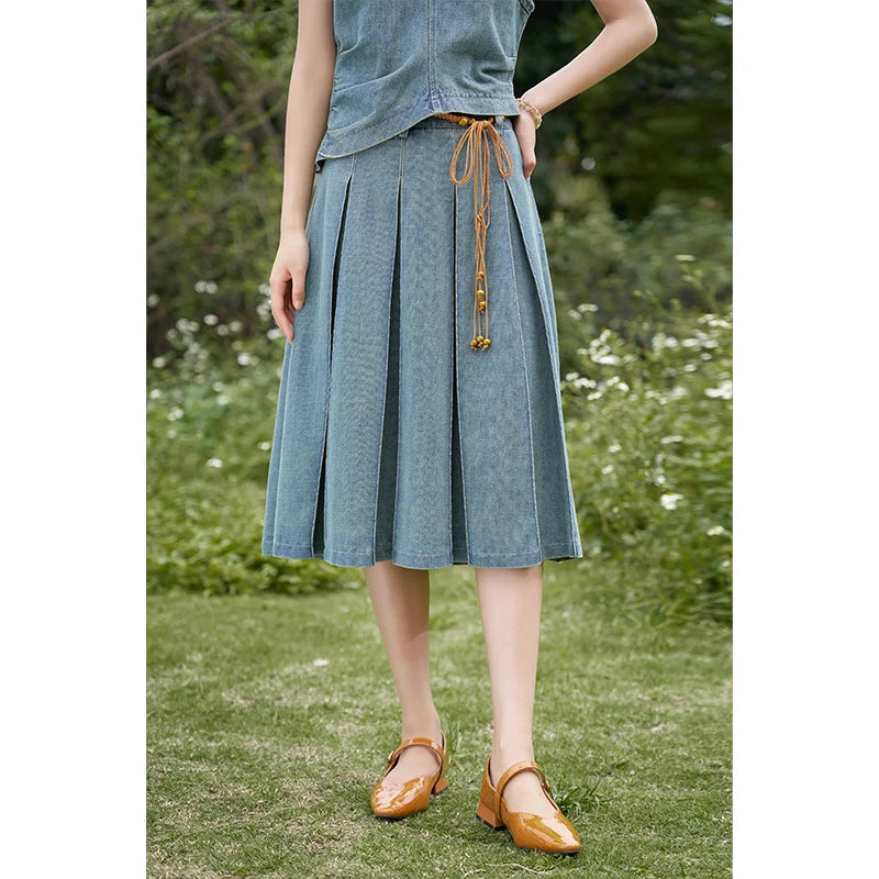 MISHOW Chinese Water Droplet Hollowed Stand Collar Vest Pleated Denim Skirt Separately Summer Retro Denim Collection MXD21X1465