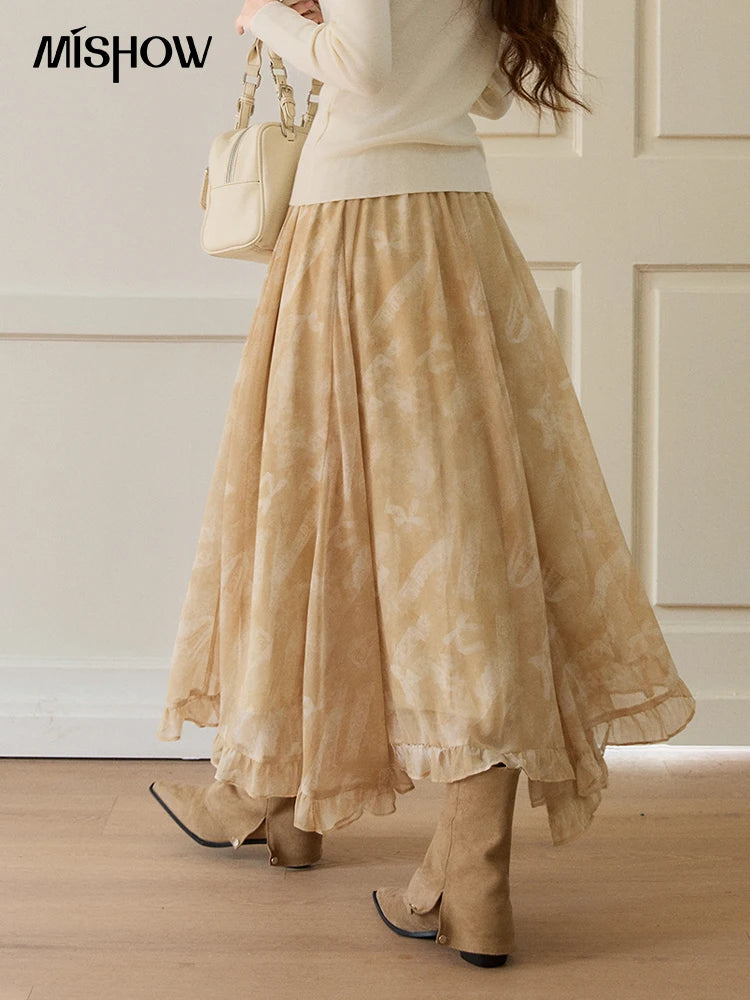 MISHOW Women's Beige Chiffon Maxi Skirt 2026 Spring Floral Print High Waist Ruffled Asymmetrical Casual Long Skirts MXF11B2463