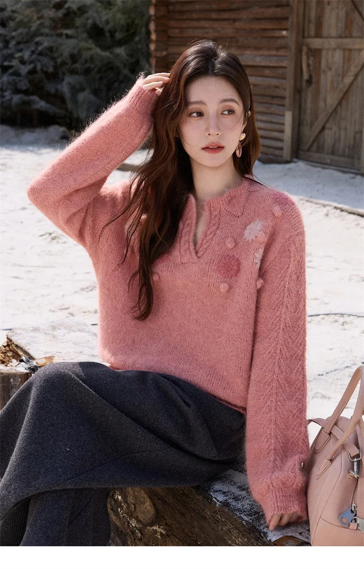 MISHOW Women's Raspberry Pink Wool Blend Sweater 2025 Winter French Floral Pom-Pom Embroidered V-Neck Knitted Top MXE86Z2740