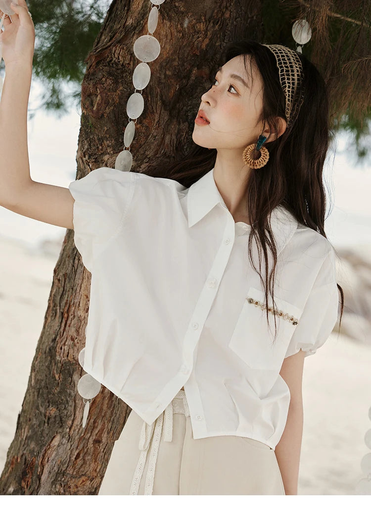 MISHOW Casual Summer Blouses Women 2025 New Short Puff Sleeve Turn Down Collar Shirt Female Fashion Shell Ribbon Tops MXE33C0773