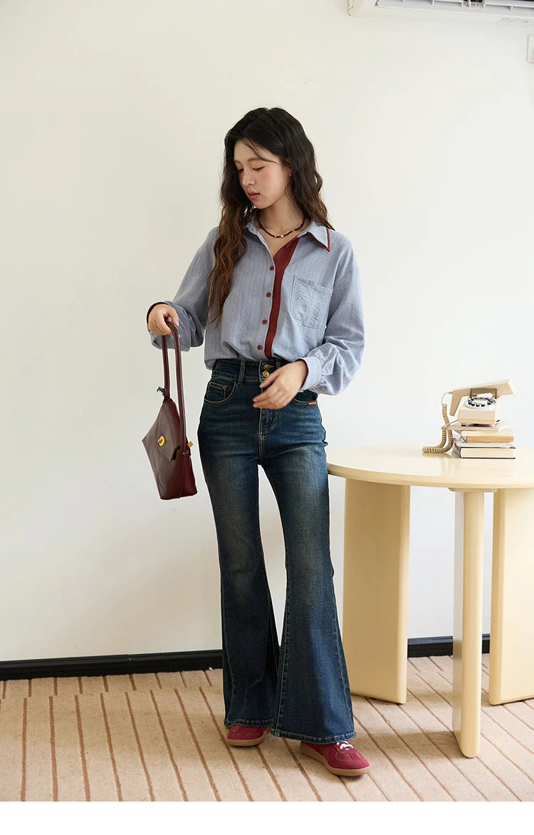 MISHOW Striped Shirt for Women Autumn 2025 Blue Red Splicing Contrasting Color Shirts Laple Loose Retro Commute Top MXE46C2405