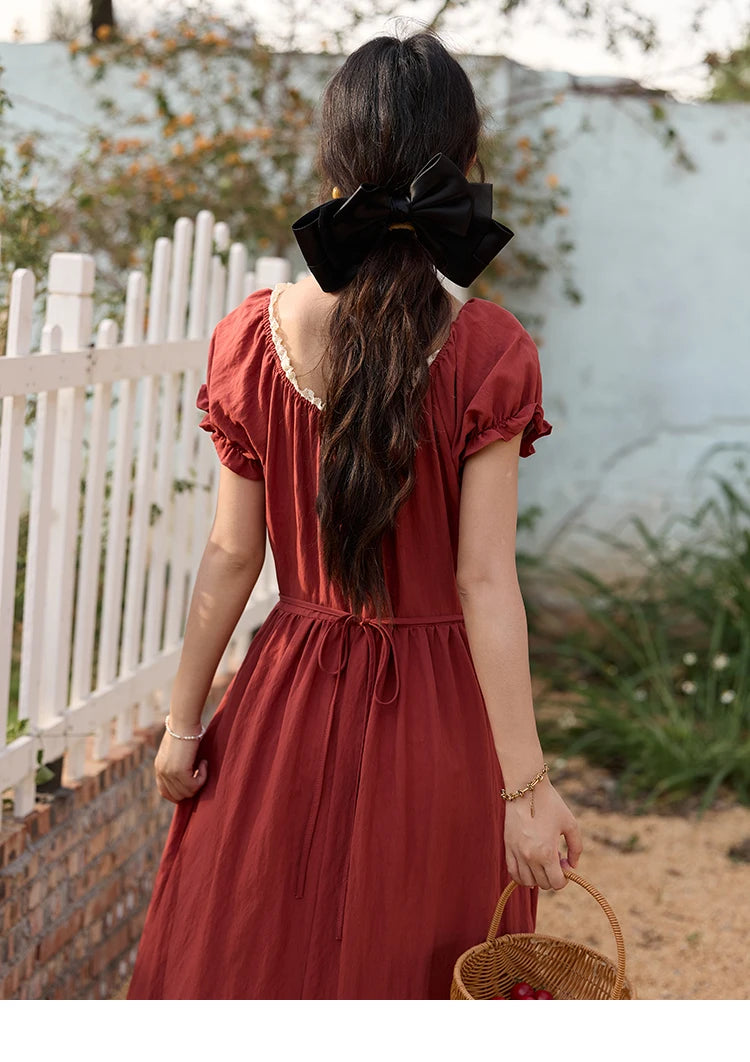 MISHOW French Summer Dress Women New 2025 Puff Short Sleeve Lace Neck Slimming Long Dresses Female Fashion Elegant MXE35L2297