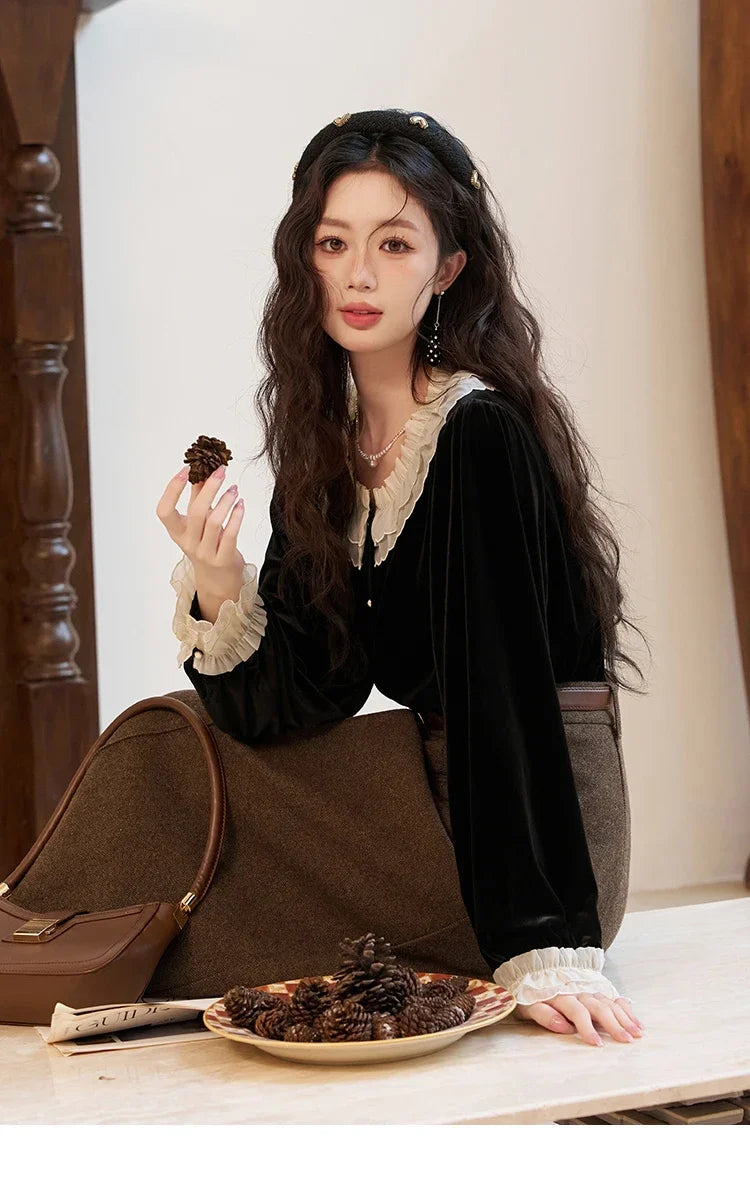MISHOW French Retro Velvet Blouses for Women 2025 Autumn Winter Button Down O Neck Korean Long Sleeve Shirt Tops MXC51X1323