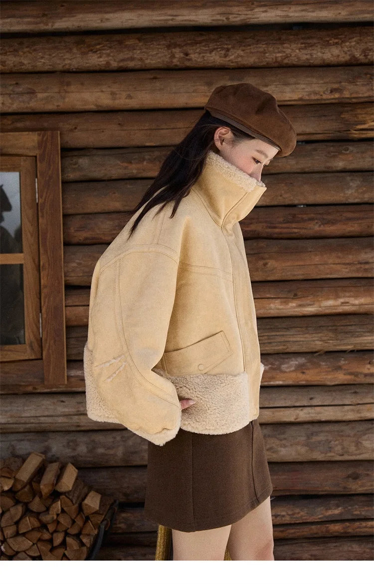 MISHOW Woman Short Jacket 2025 Fashion Yellow Stand Collar Zipper Jacket Luxury Loose Windproof Long-sleeved Coats MXE90W0996