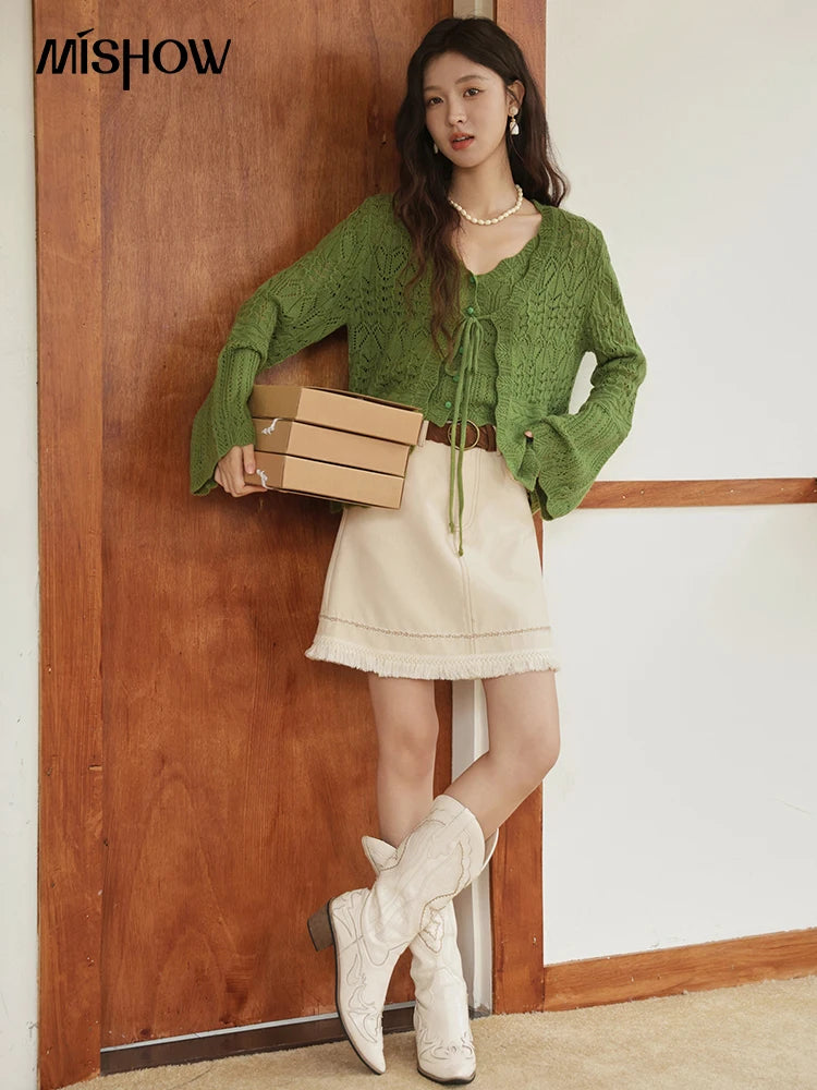 MISHOW Women's Wool Knitted Suit Autumn 2025 Flared Sleeves Lace-up Cardigan Single-breasted Camisole Two-piece Set MXE42T0717