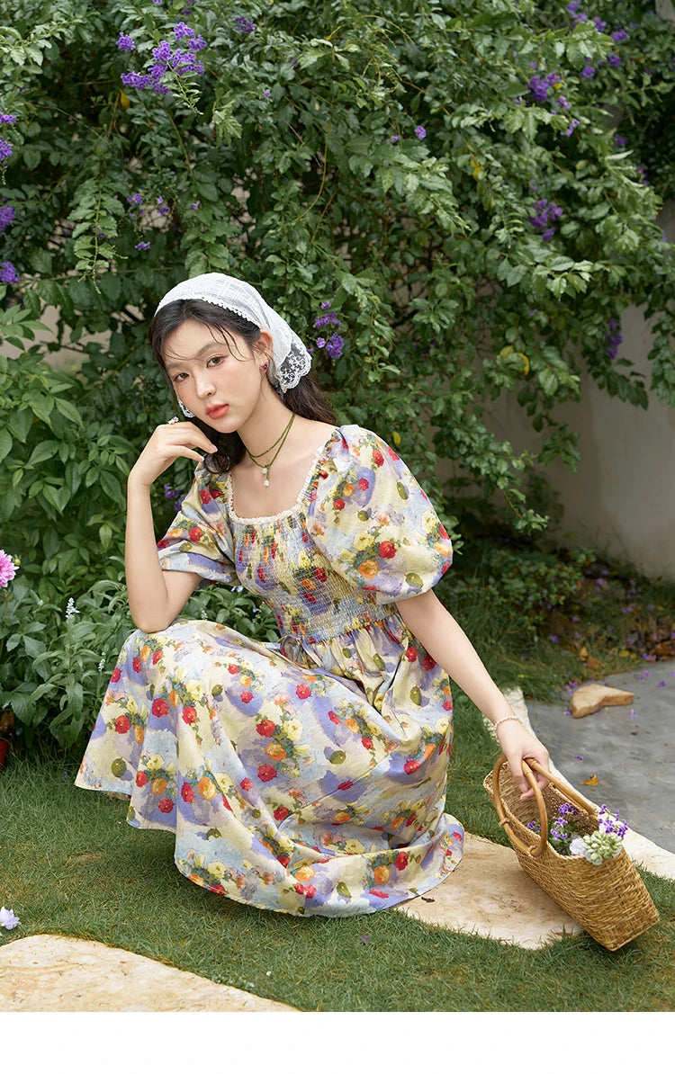 MISHOW Floral Smocked Midi Dresses for Women 2025 Summer Puff Short Sleeve Beach Vacation Beach French Retro Dress MXD24L1905