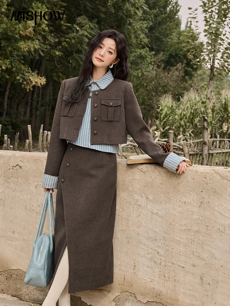 MISHOW Plaid Tweed Skirt Long-sleeved Jacket Long Skirt Separately Winter 2024 Korean O Neck Coat Front Slit Skirt MXD43W0445