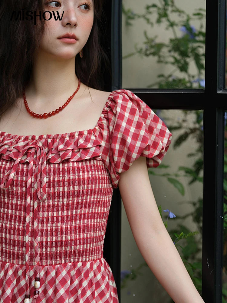 MISHOW Women's Retro Red Plaid Dress 2025 Summer New Square Neck Lace Up Hollow Out Spliced Dresses Women's Clothing MXE39L2324