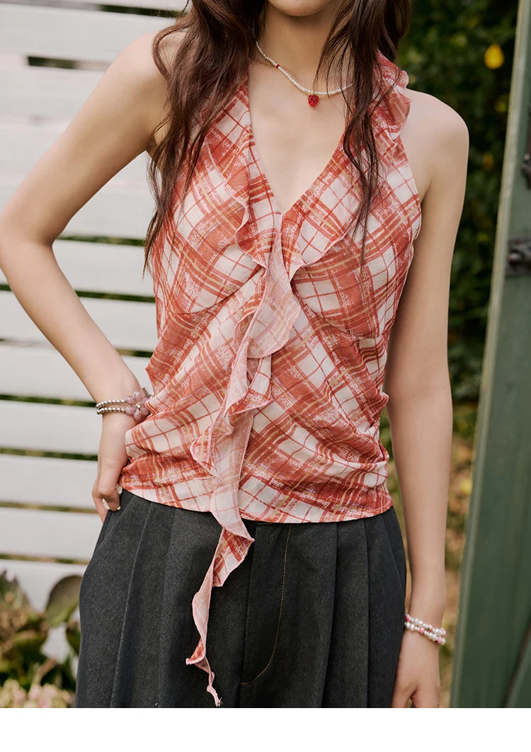 MISHOW French Retro Red Grid Hanging Neck Blouse for Women Summer 2025 Ruffled Edges Backless Blouses Vacation Top MXE34X1785