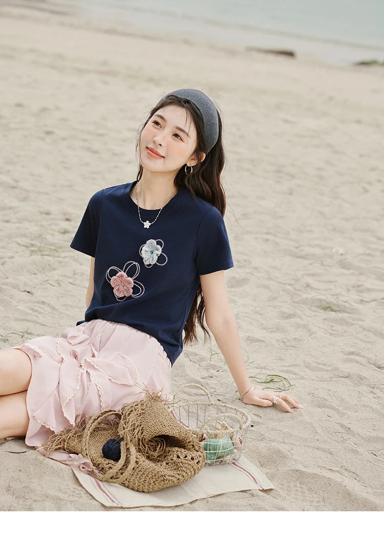 MISHOW Casual Summer Print T-shirts Women New 2025 Short Sleeve Round Neck Flower Beaded Shirts Female Fashion Tops MXE33T0499