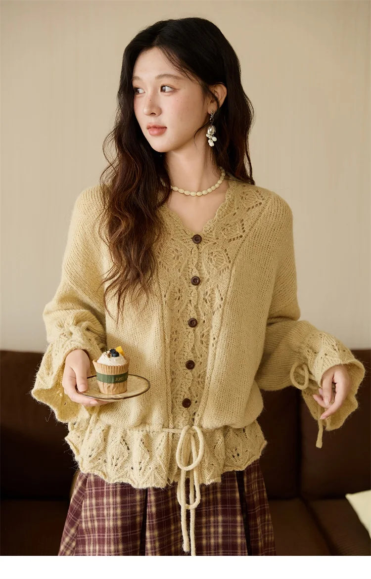 MISHOW Handmade Crochet Sweater Cardigan Autumn Mohair Flare Sleeve Knitted Tops Wave V-neck Lace-up Waist Sweater MXE47Z2513