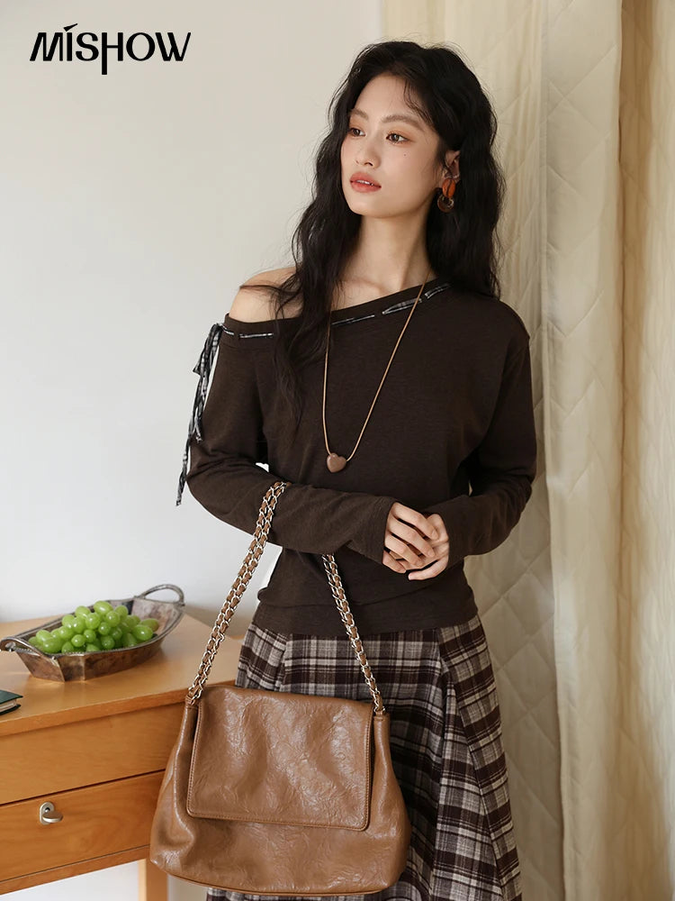 MISHOW Slant Shoulder Knitted Top for Women Autumn 2025 Drak Brown Plaid Strap Design Tops Casual Knitted Base Top MXE45T1402