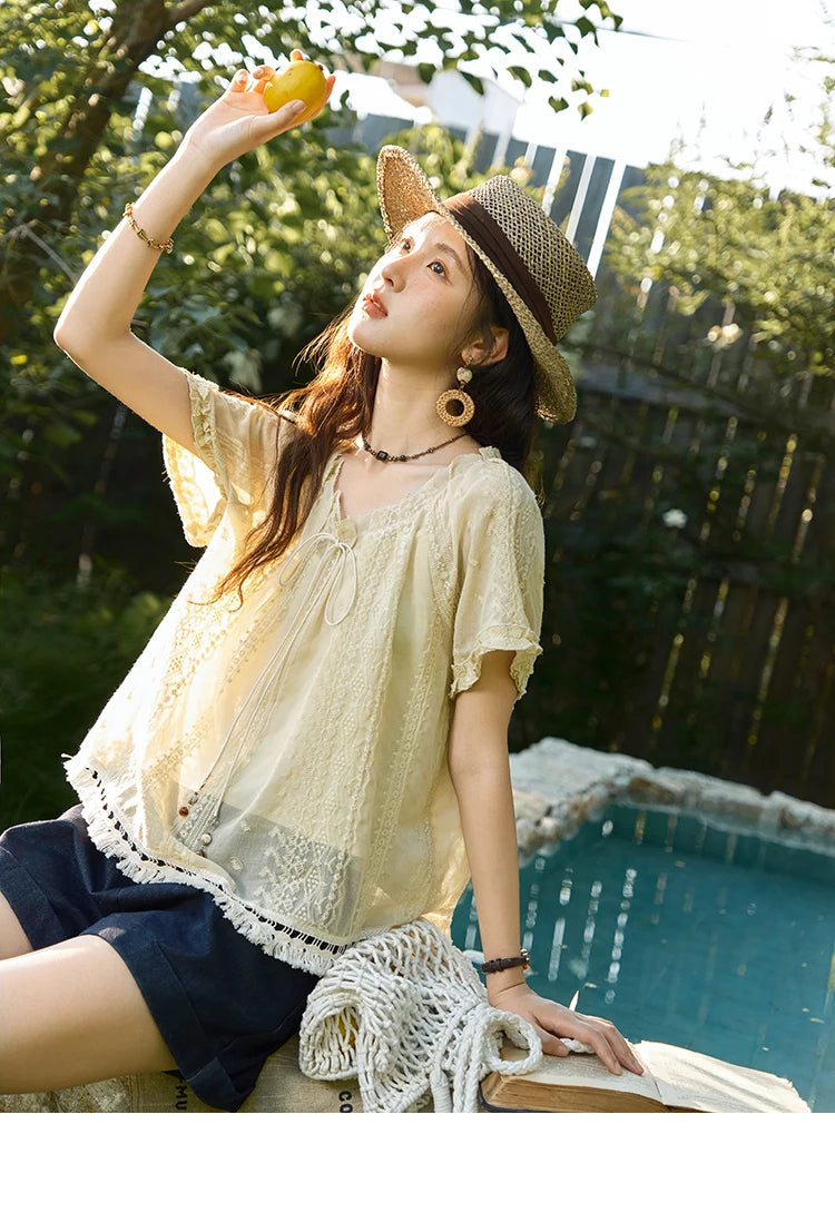 MISHOW Women's Embroidery Jacquard Blouse 2025 Summer New Fashion O-Neck Lace Up Short Sleeve Blouse Female Clothing MXE37X1861