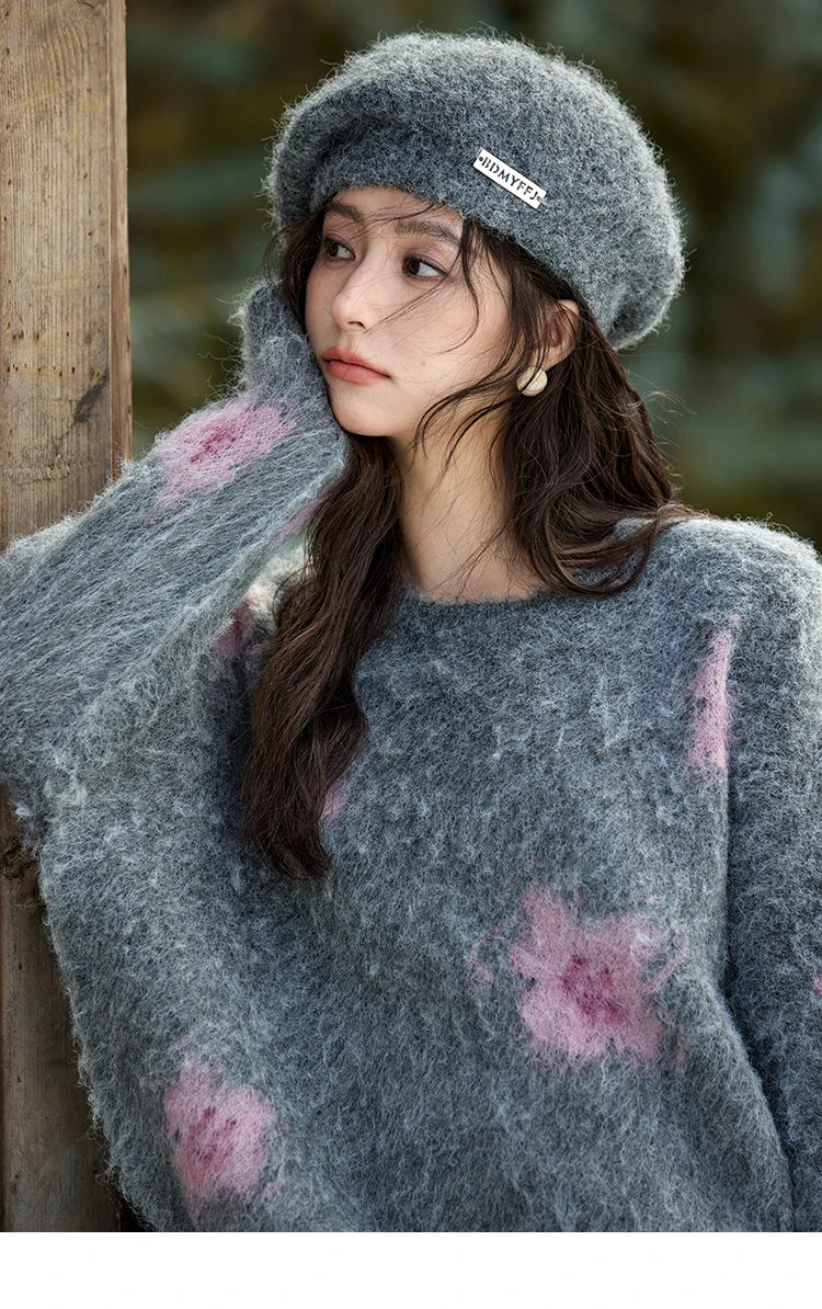 MISHOW Wool Yarn Plush Fur Flower O-Neck Pullover Knitted Sweater Women Clothes Warm Versatile Long-sleeved Tops MXD56Z1001