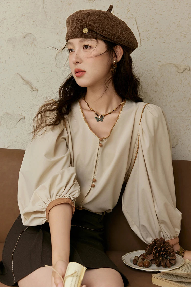 MISHOW French Retro Contrasting V-neck Shirt 2024 Autumn Solid Lantern Sleeve Top Single Row Two Buttons Casual Shirt MXD26X1597