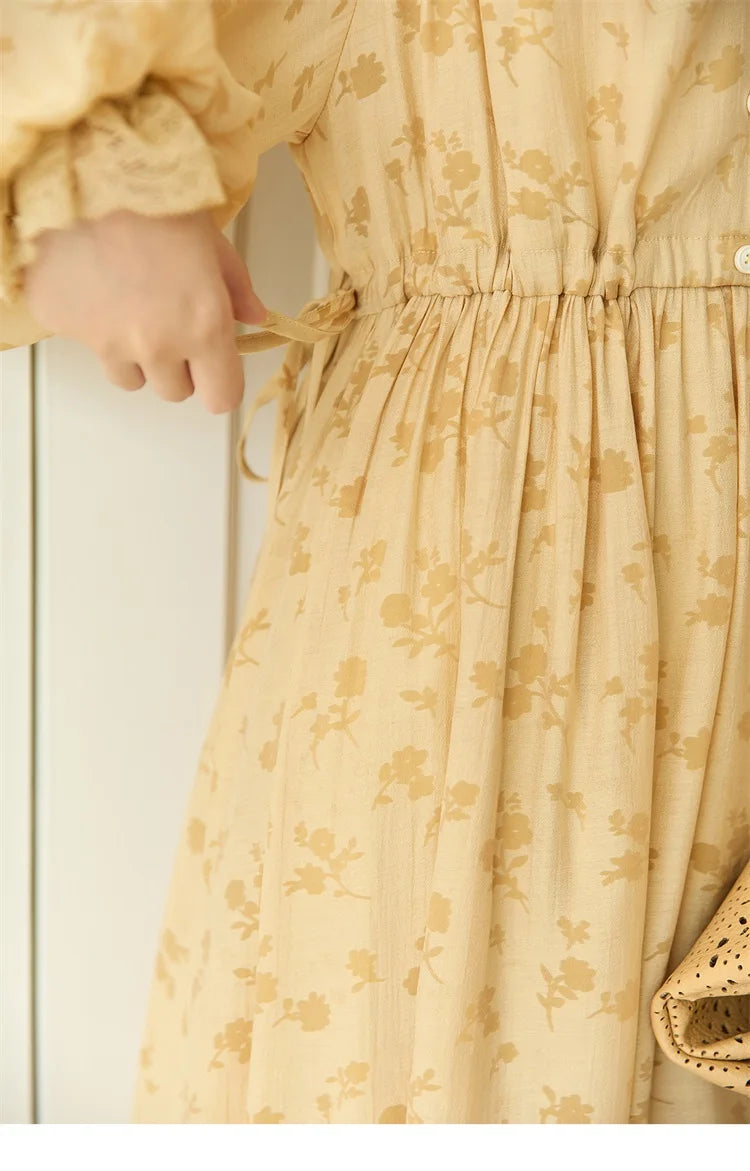 MISHOW Yellow Printing Dress for Woman 2025 Autumn Elegant Lace Lantern Sleeve Waist Slim Long Dress V-neck Dress MXE47L2527