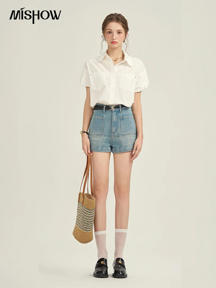 MISHOW Women's Denim Blue Shorts 2025 Summer Korean High Waist Pockets Shorts Female Straight Slim Casual Short Pants MPD26K0618