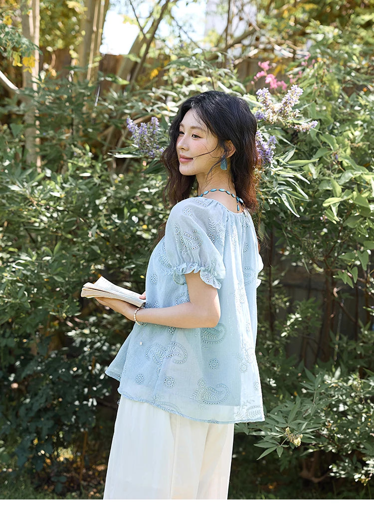 MISHOW Embroidery Flower Shirt for Women 2025 Summer New Fashion Loose Puff Sleeve Round Neck Top Female Clothing MXE39X1922