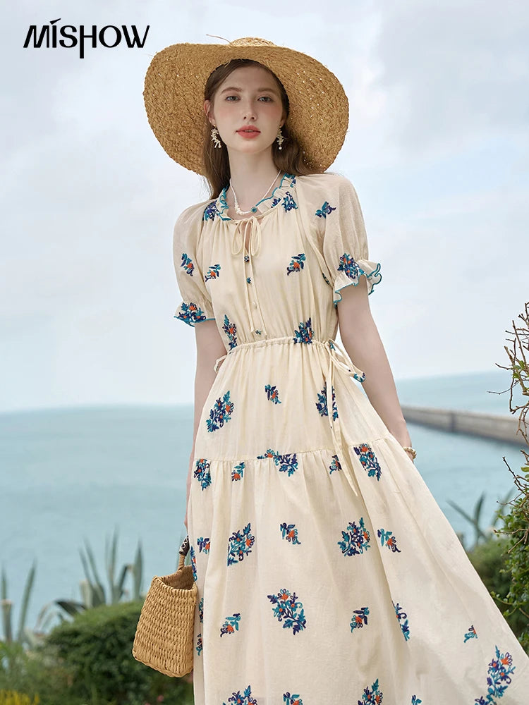MISHOW French Romantic Dress 2024 Summer Women Embroidered Flower Fairycore Dresses Elastic Waist Drawstring Dress MXD24L1835