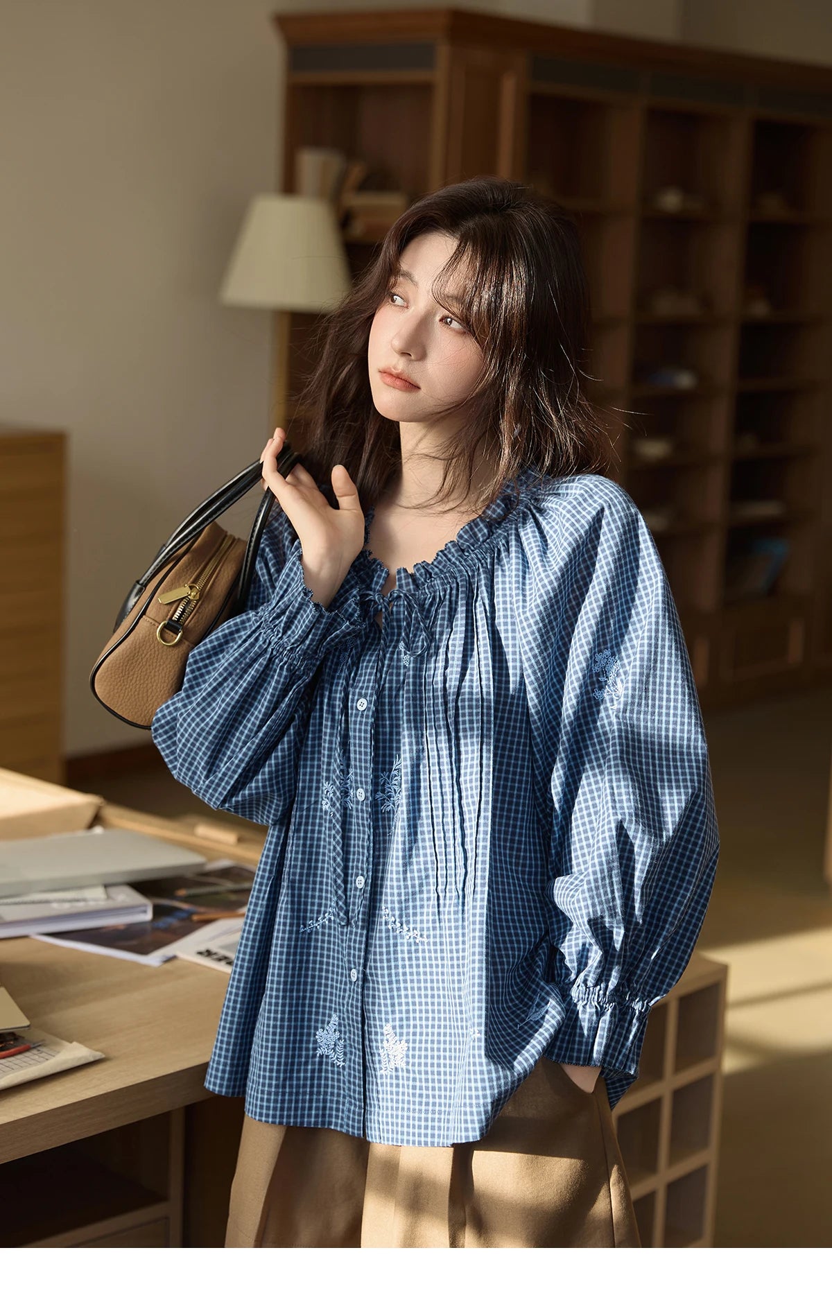 MISHOW Blue Plaid Embroidered Shirt Autumn 2025 Black Fungus Edge Collar Lace-up Doll Shirt 100cotton Loose Retro Top MXE44X2467