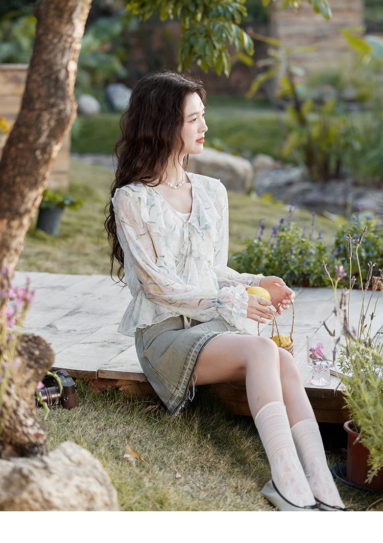 MISHOW Floral Blouse with Camisole Set V-Neck Lace Up MXE13X1718