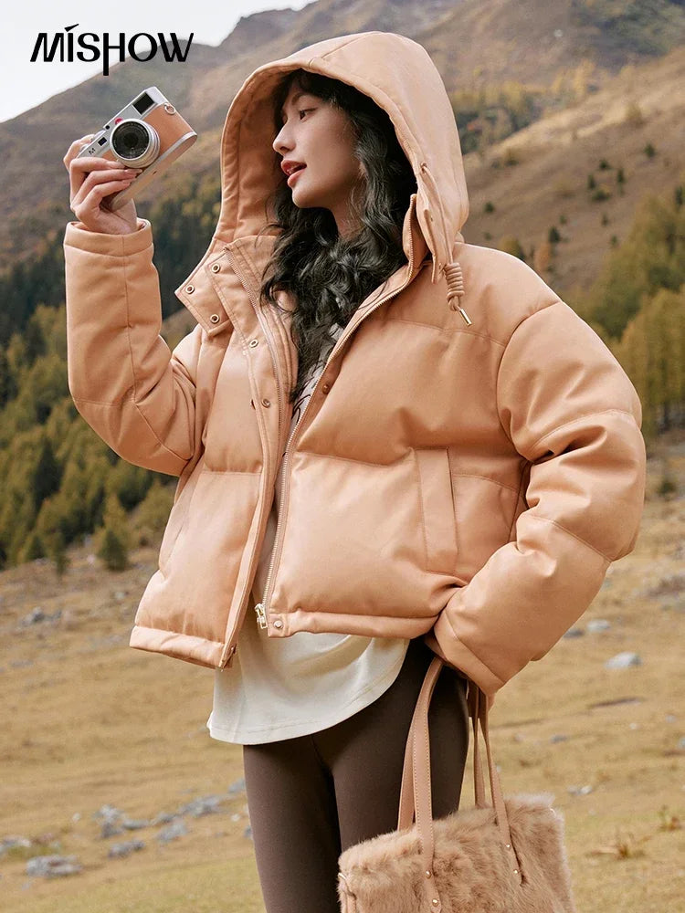 MISHOW Women's Winter Down Jacket 2023 Hooded Short White Duck Down Coats Imitation Protein Leather Puffer Jackets MXC52Y0008