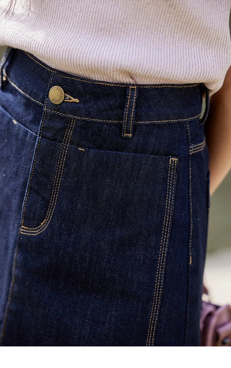 MISHOW Women's Retro Deep Blue Short Denim Skirt Spring High Waist Slim A-line Skirts Denim Commuting Versatile Skirt MXE13B0658