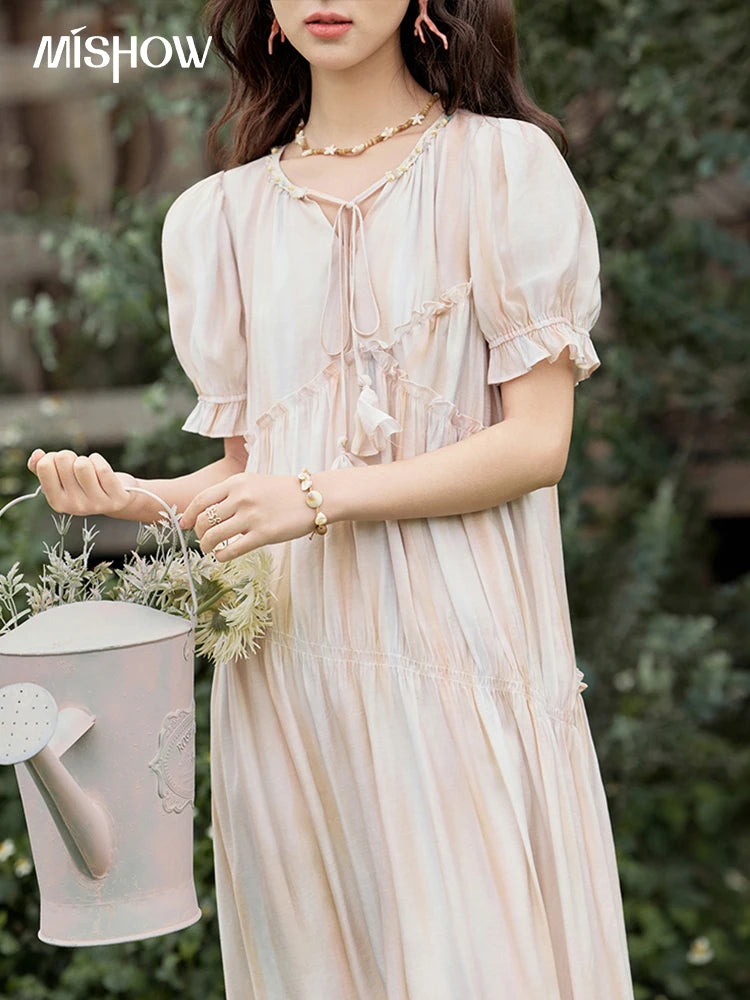 MISHOW French Summer Dress Women 2025 New V-neck Short Puff Sleeve Hollow Gradient Dresses Female Fashion Slimming MXE31L2166