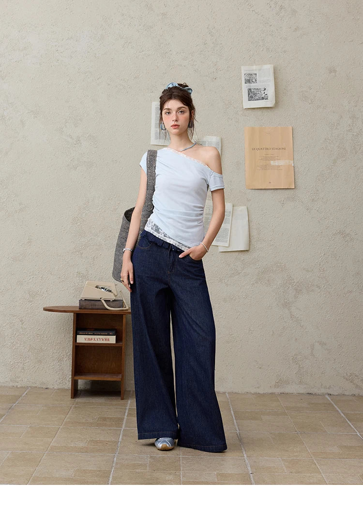 MISHOW Sexy Summer New T-shirts Women 2025 Short Sleeve Skew Collar Off-shoulder Lace Shirt Female Versatile Thin MXE31T0503