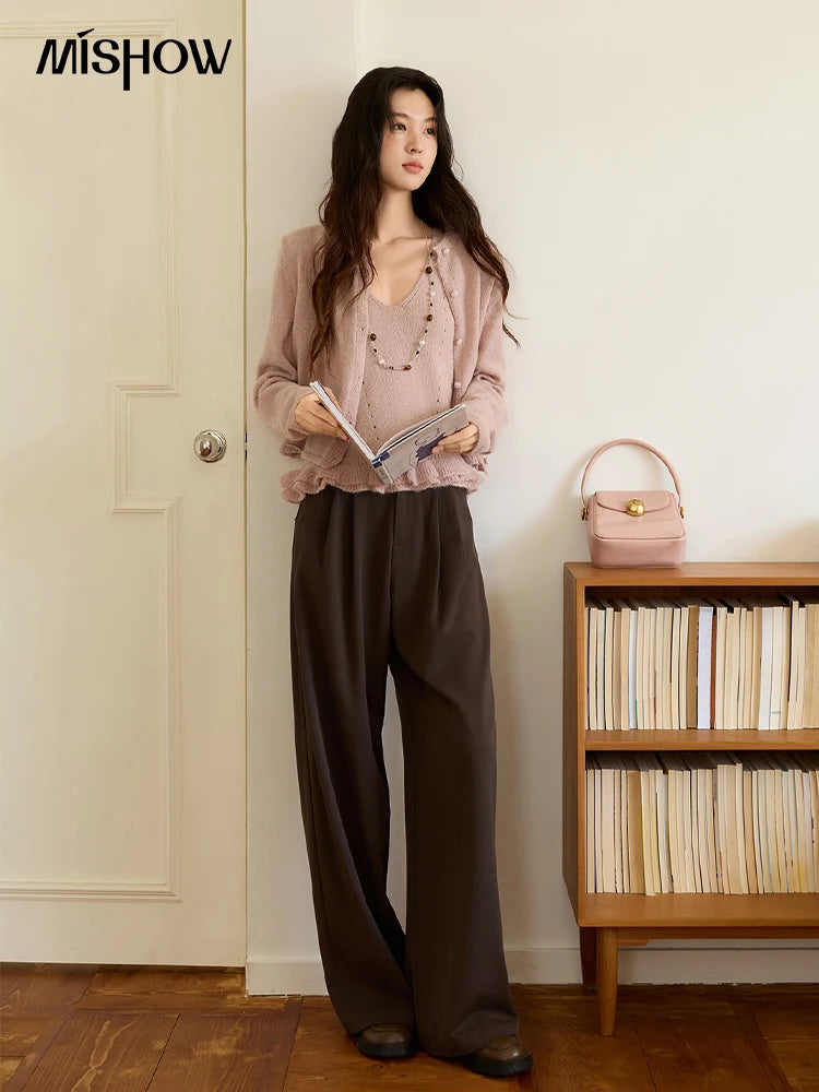MISHOW Knit Cardigan for Women 2025 Autumn Elegant Pink Crew Neck Cardigan Loose Suspenders Two-piece Suit for Women MXE48T1404