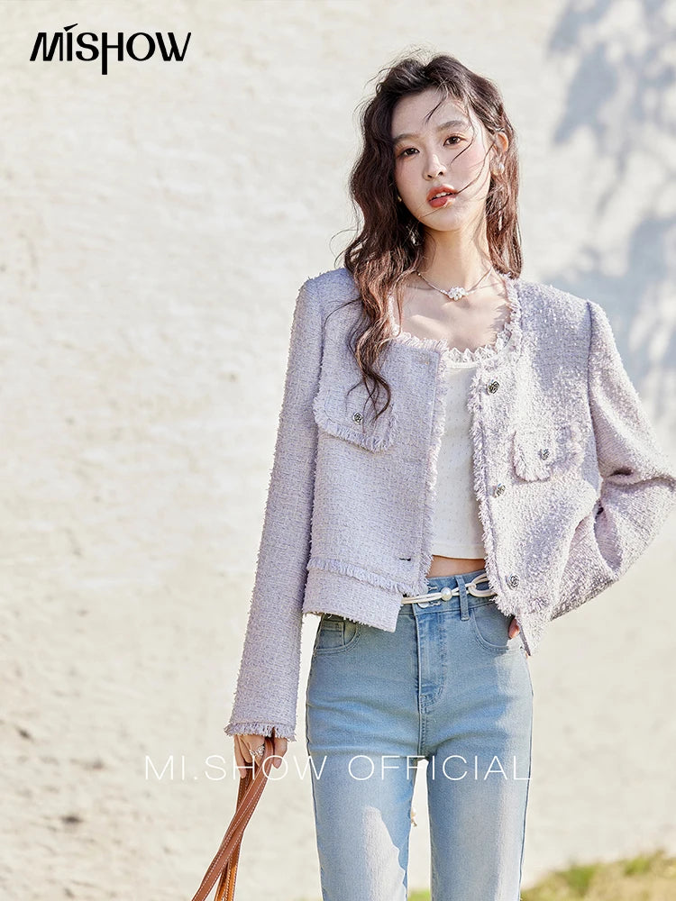 MISHOW Tassel Fragrant Coat for Women 2025 Spring Rose Buckle Weave Short Coats Elegant Square Neck Straight Coats MXE13W0733